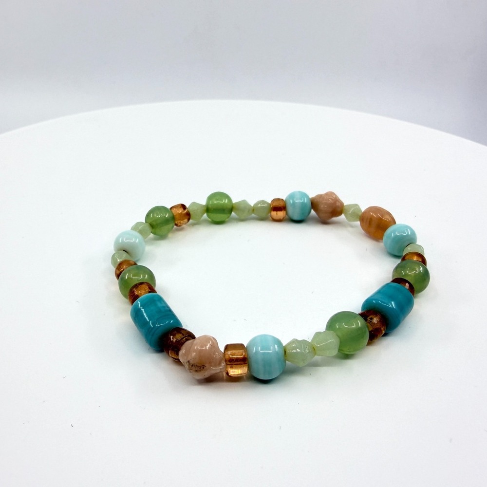 VTG Multi Gemstone Beaded Stretch Bracelet Aqua Green Bohemian Fun